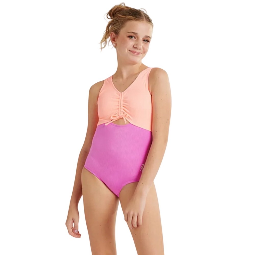 Justice Girls Coral Purple Ribbed Colorblock Cutout One Piece Swimsuit Size 10